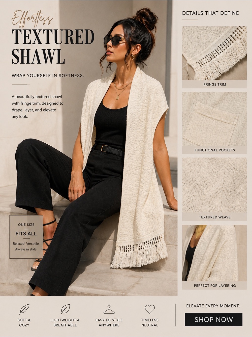 Textured Shawl Wrap - Cream Shawl with Fringe